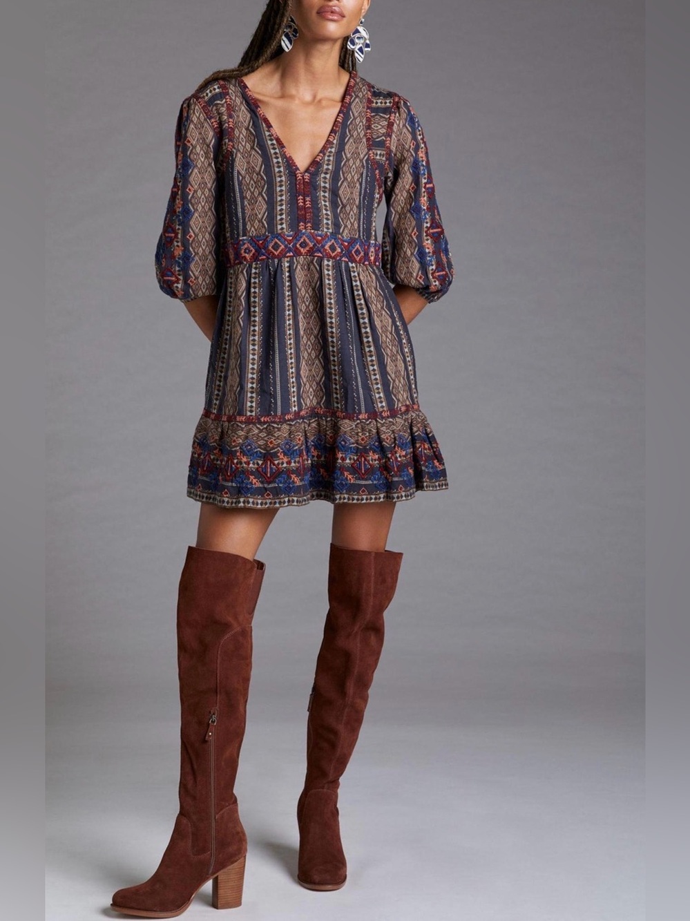 Anthropologie Navy Multi-Print V-Neck Embroidered Tunic Dress